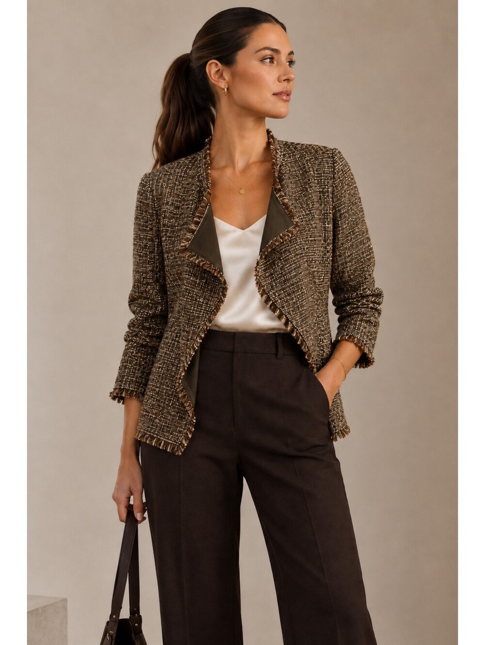 Lafayette 148 New York XXL Brown Wool Blend Tweed Fringe Sequin Jacket
